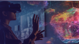 image of a woman interacting with a virtual reality space and weaving together a complex narrative