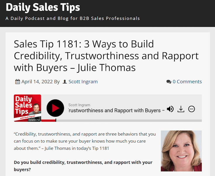 Julie Thomas interviewed highlighted in Daily Sales Tips Blog